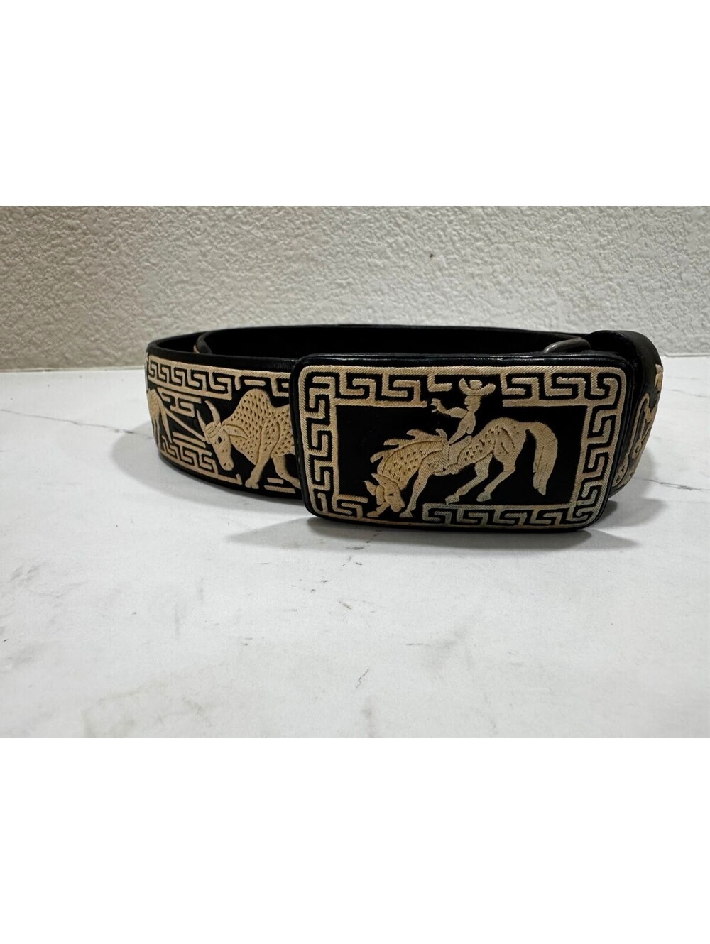 Pitiado Charro Leather Belt Size 36 Black Hand Embroidered